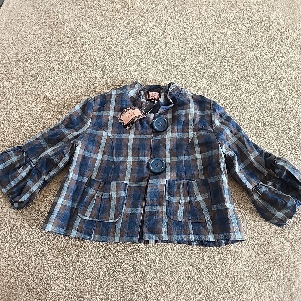 Angie With Love Plaid Cropped Blazer Jacket Blue Brown Statement Buttons M *flaw